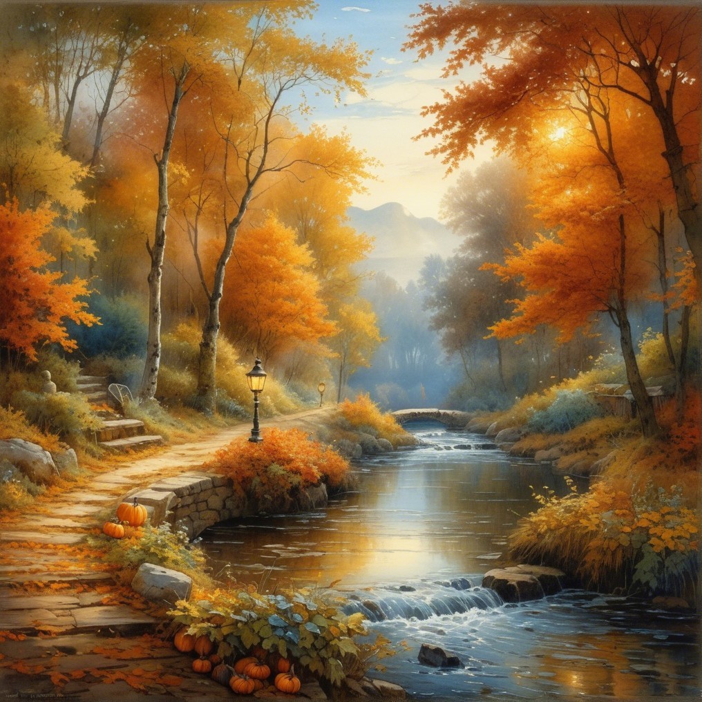 Serene Autumn Landscape with Vibrant Trees and Stream