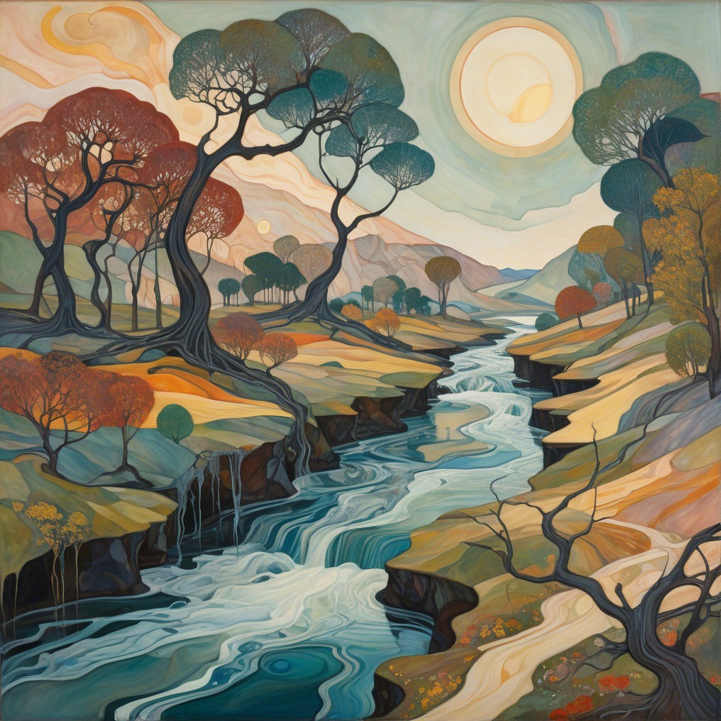 Vibrant Landscape with Stylized Trees and River