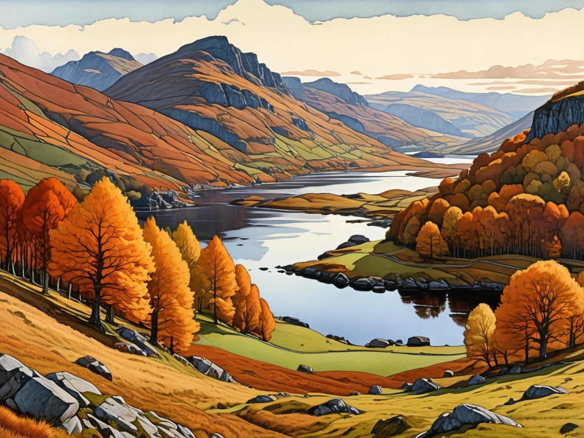 Tranquil River in Autumn Landscape with Mountains