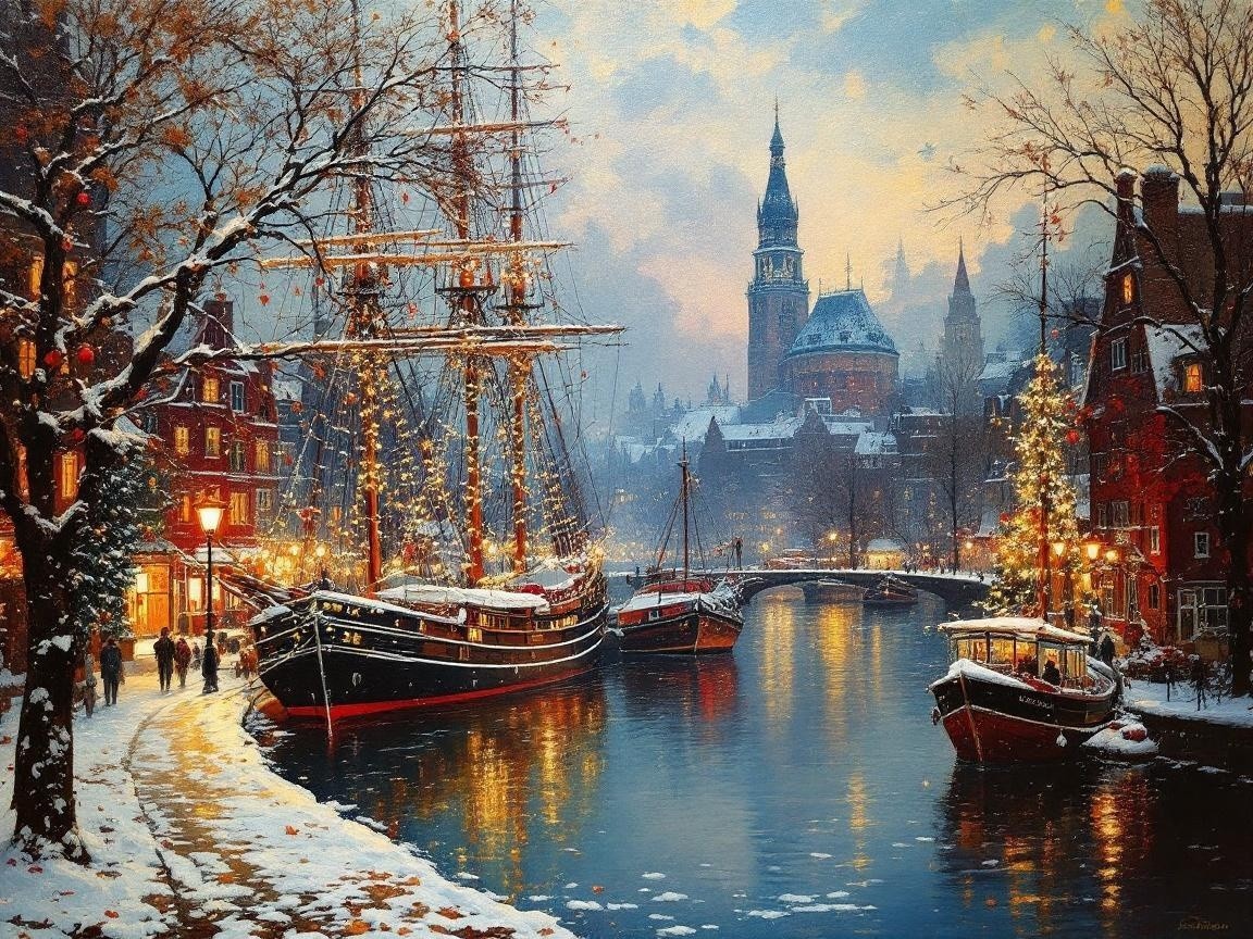 Winter Canal Scene with Snow-Covered Buildings