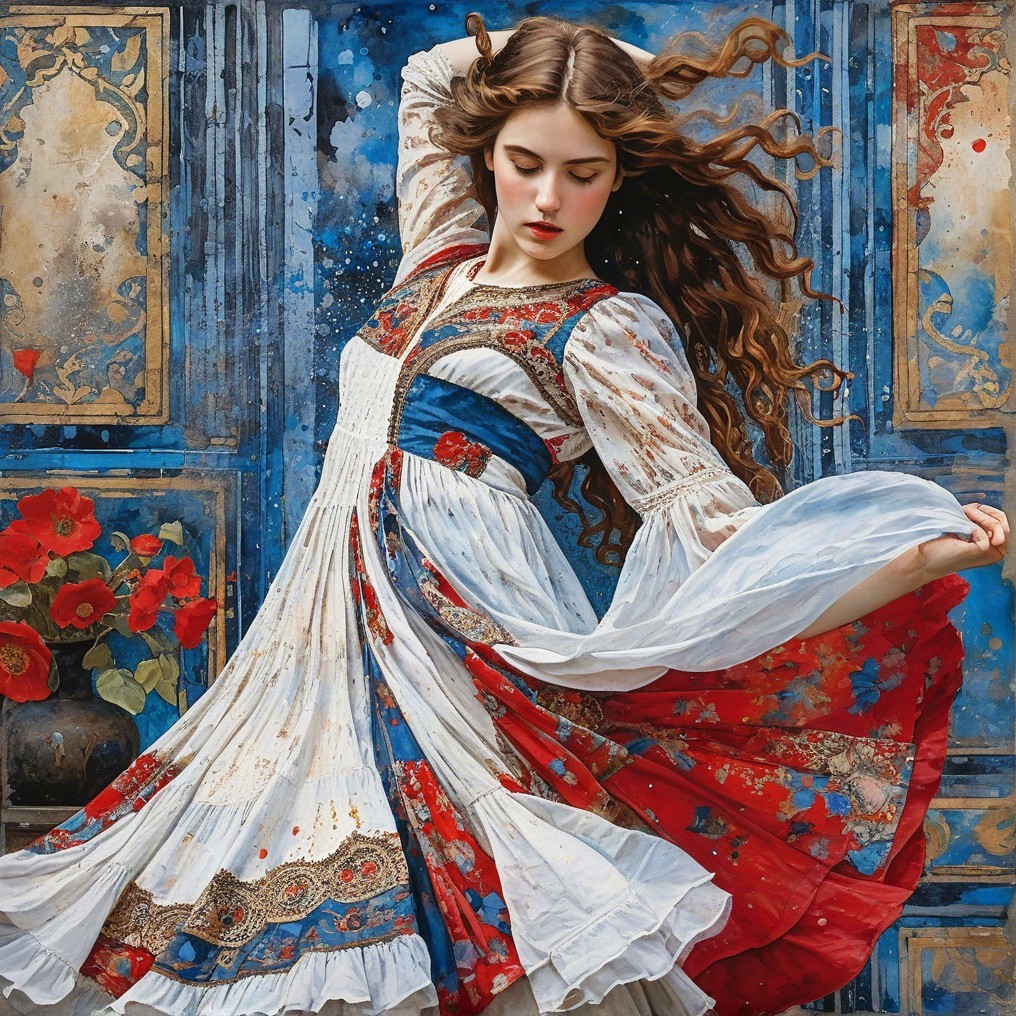 Elegant young woman in vibrant red, white, and blue dress