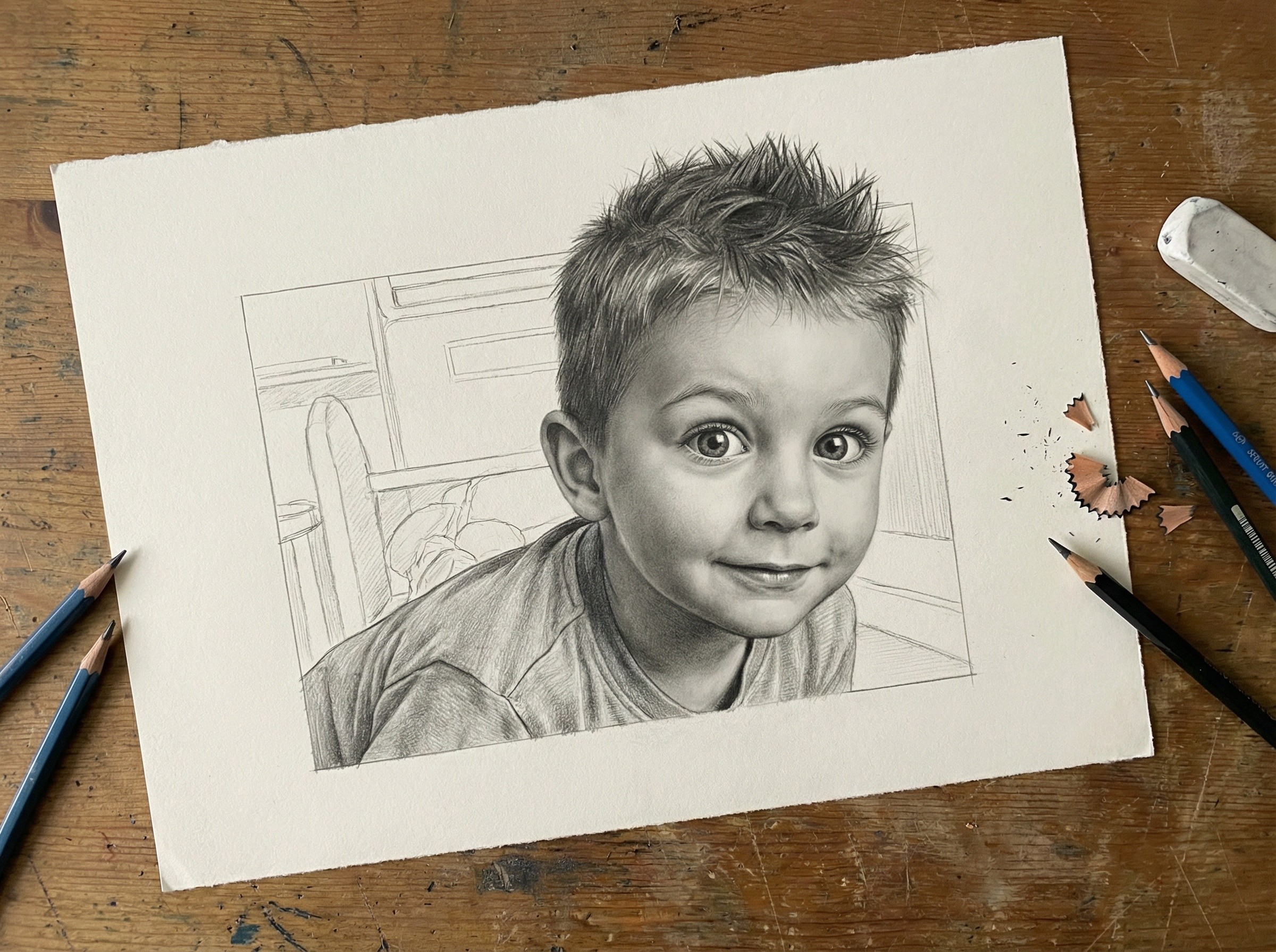 Black and white pencil drawing of a smiling boy