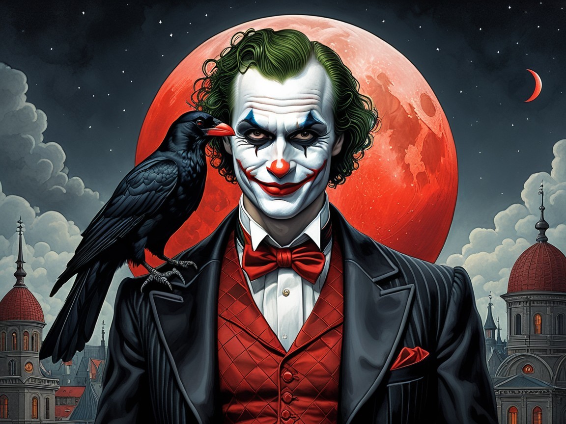 Classic Clown Figure with Crow in Gothic Cityscape