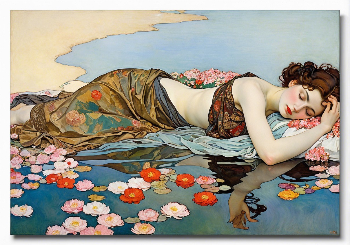 Serene Woman Reclining Among Water Lilies and Fabrics