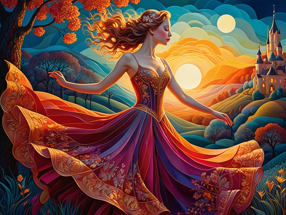 Woman in Vibrant Gown Amidst Scenic Landscape