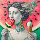 Young woman with curls enjoying watermelon slice