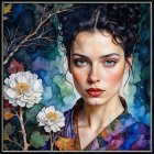 Female Figure Amid Vibrant Flowers and Foliage