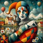 Elderly Witch on Pumpkin in Misty Forest Scene