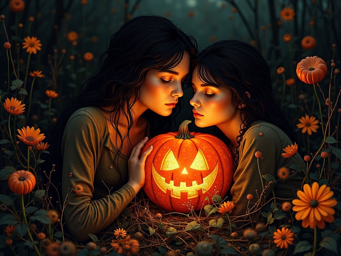 Autumn Scene with Women and Glowing Jack-o'-Lantern