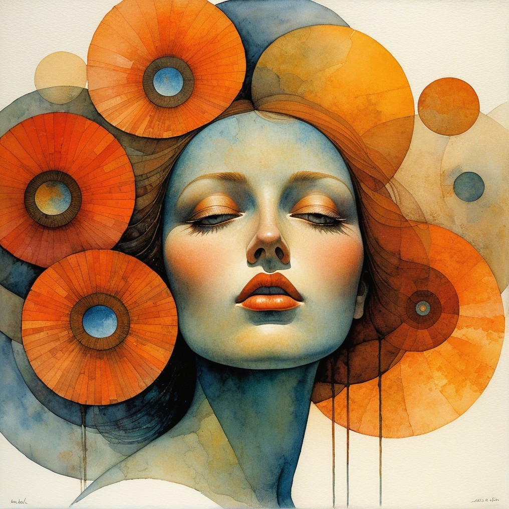Serene Woman with Vibrant Orange Circular Adornments