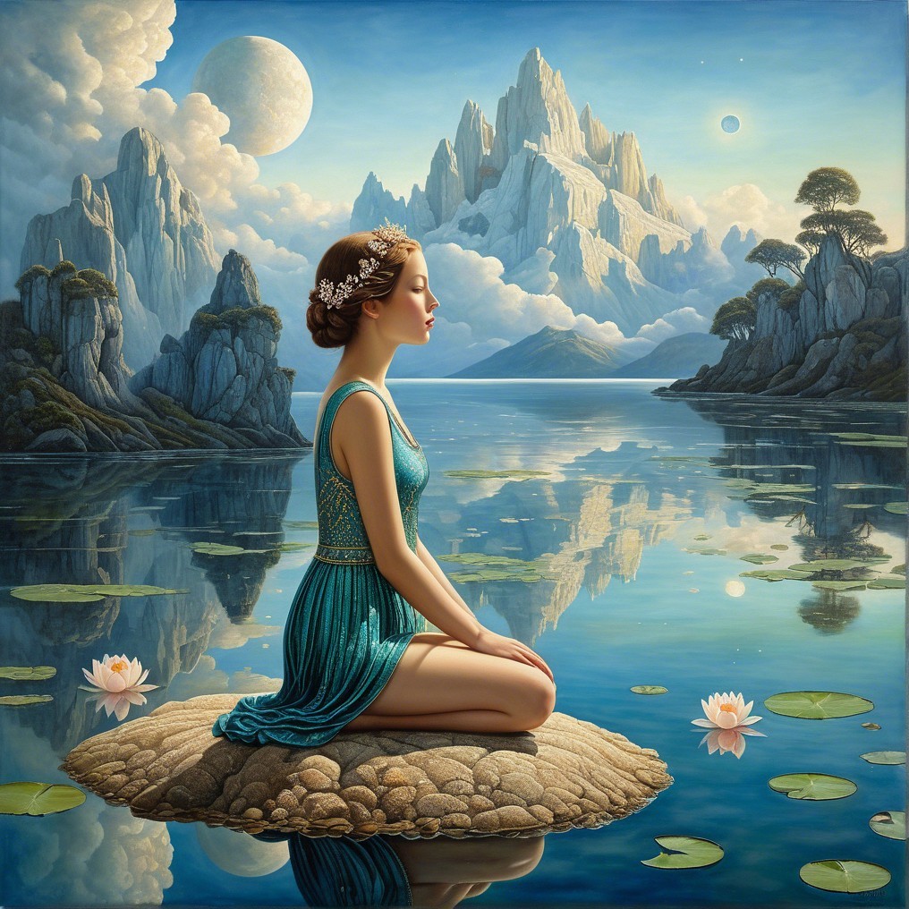 Serene Woman Meditates on Stone in Tranquil Lake