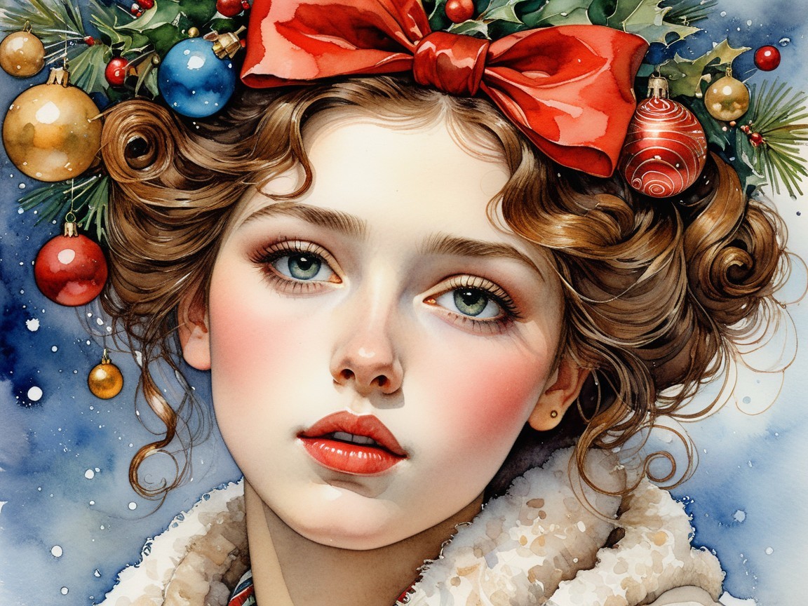 Young Woman with Green Wreath in Snowy Setting