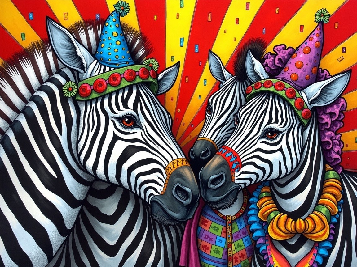 Playful Zebras in Colorful Party Hats with Bright Background