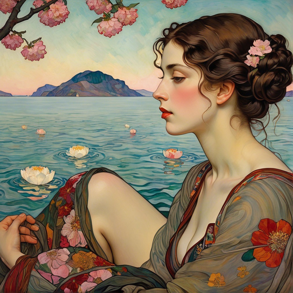 Serene Woman by Tranquil Lake with Blossoms and Reflections