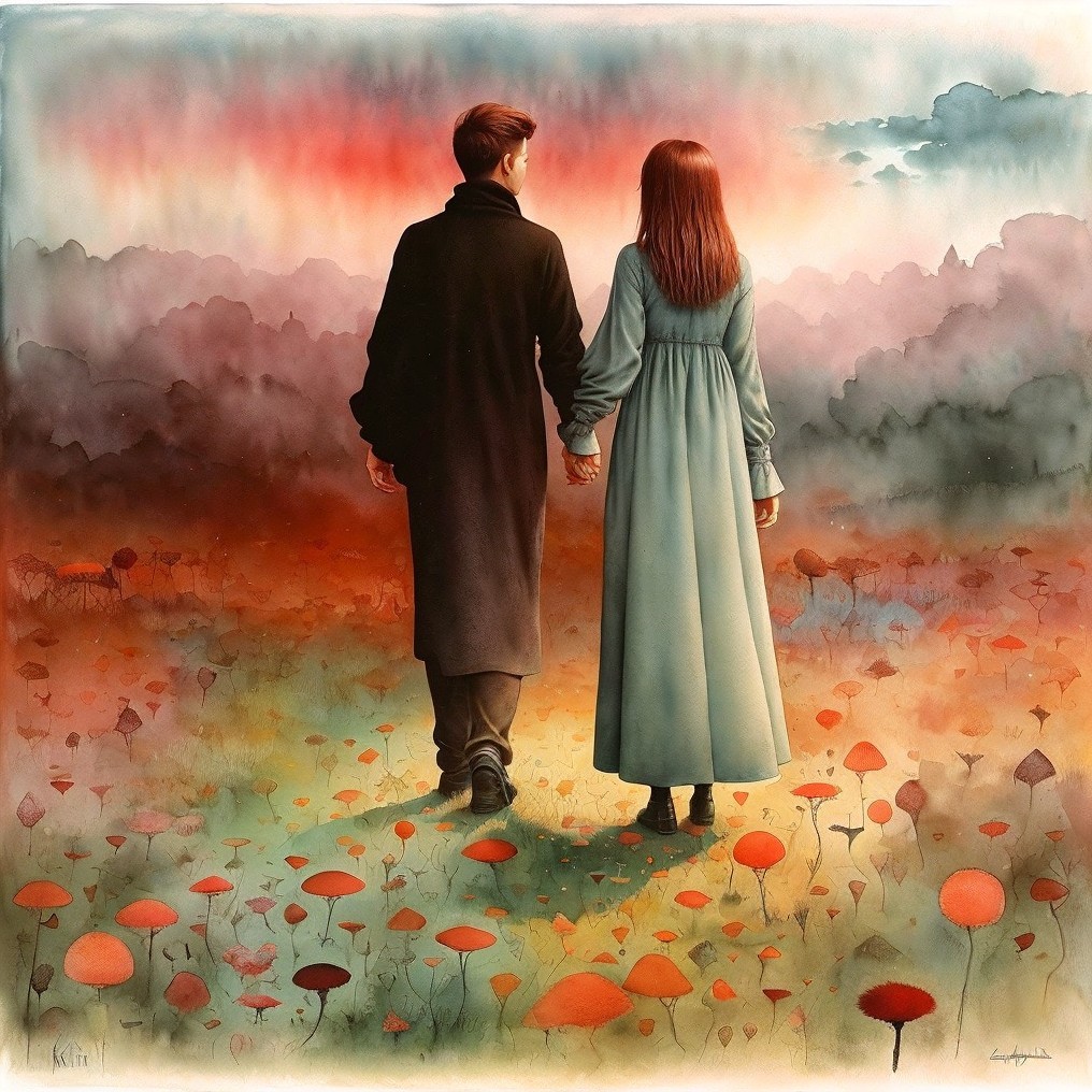 Couple Strolling Through Vibrant Mushroom Landscape