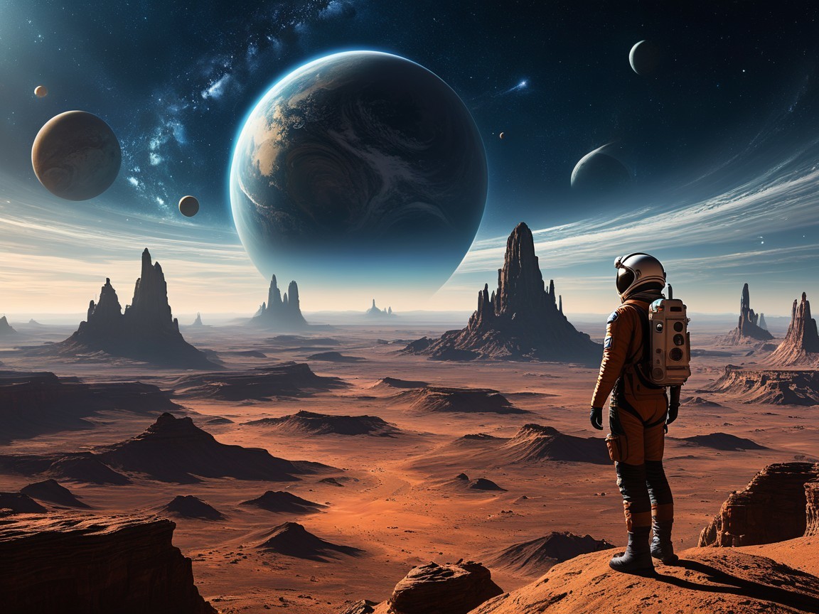 Astronaut on Reddish Landscape Under Stellar Sky