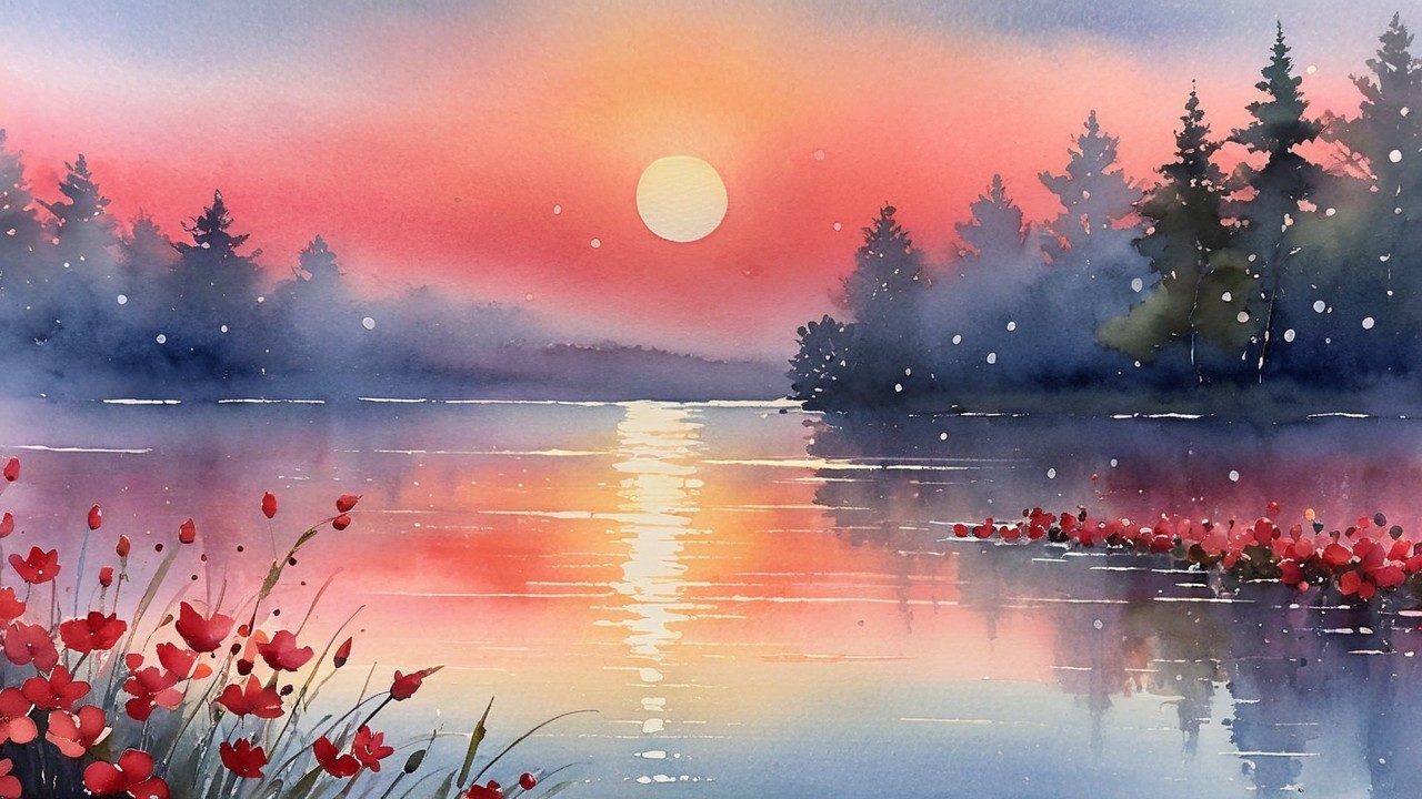 Watercolor Landscape of Tranquil Lake at Sunset