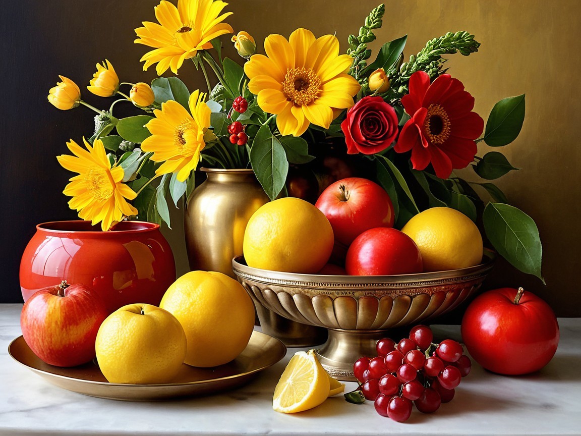 Vibrant Fruit and Flower Arrangement with Bowl and Vase