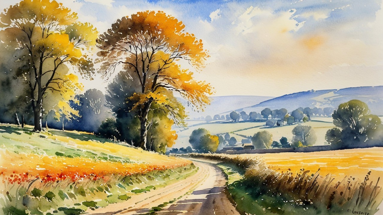 Watercolor Landscape of Autumn Hills and Pathway