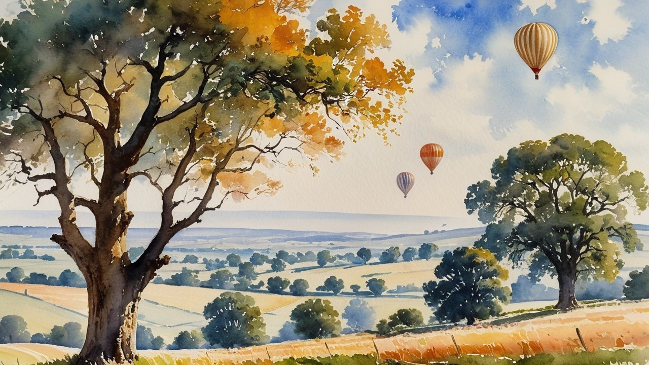 Watercolor Landscape with Autumn Trees and Balloons