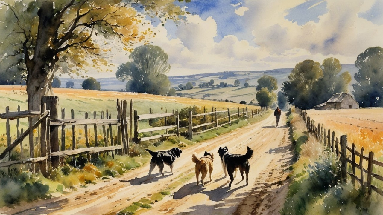 Watercolor Painting of a Serene Countryside Scene