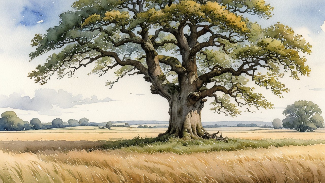 Majestic tree in golden field with serene landscape