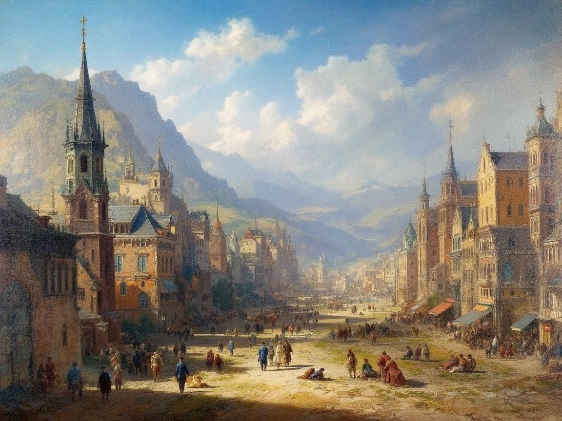 Vibrant Town Square with Majestic Mountains and Market Stalls