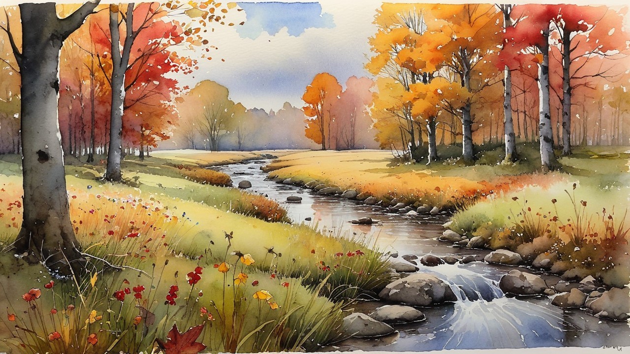 Autumn Landscape with Stream and Vibrant Forest