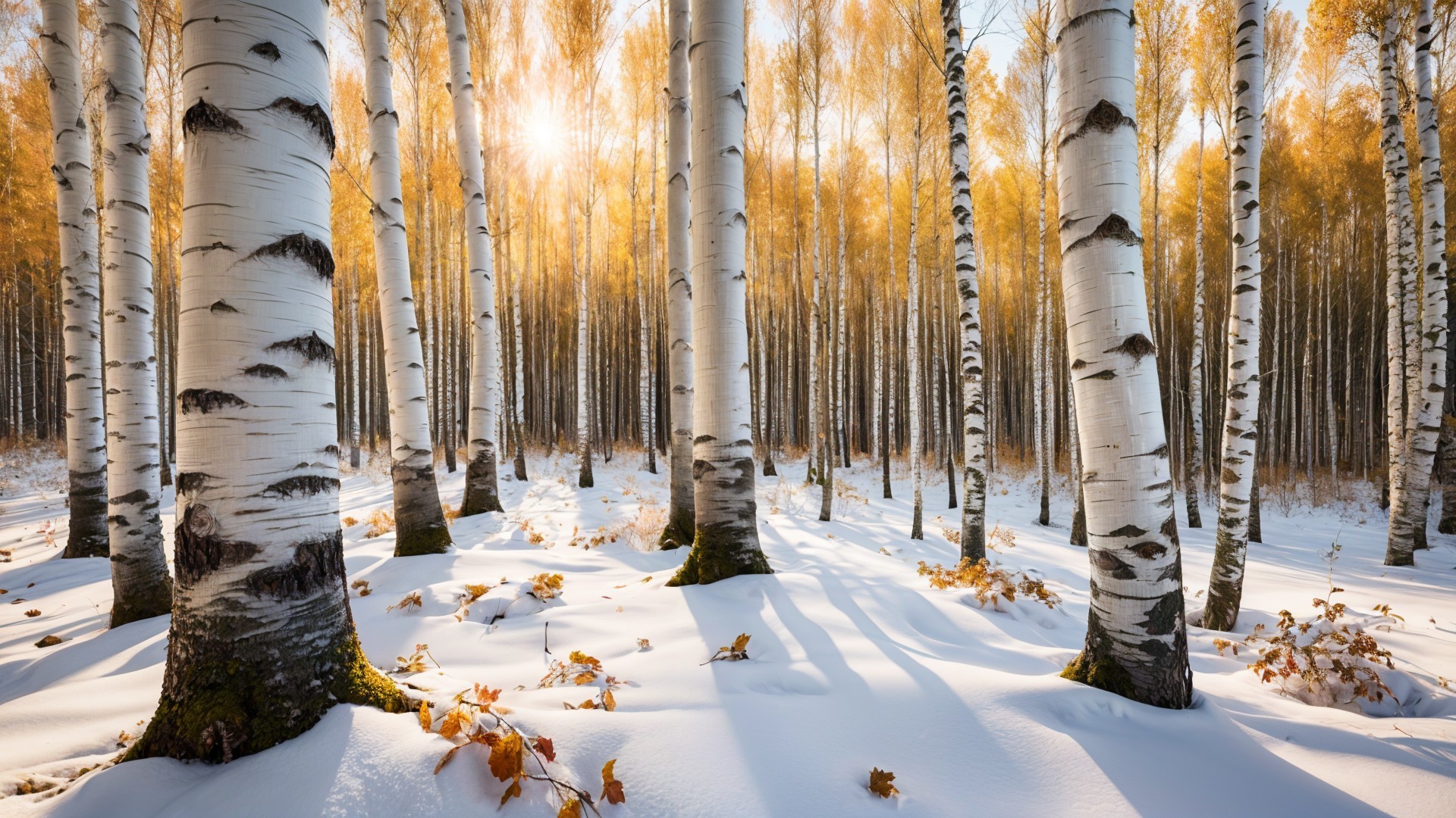 Winter Forest Scene with Birch Trees and Snow