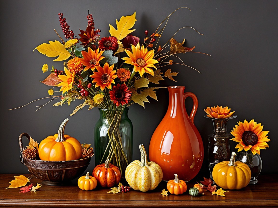 Autumn Floral Arrangement with Pumpkins and Vases
