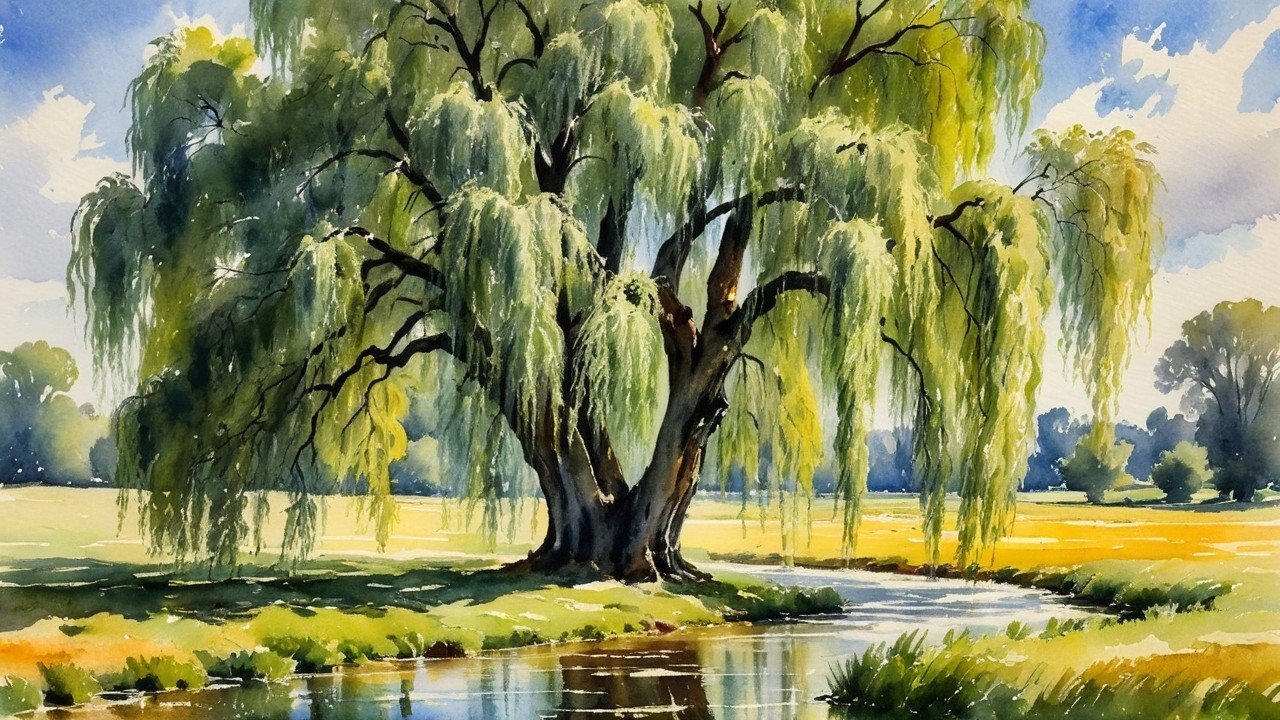 Tranquil Watercolor Scene of Willow Tree by River