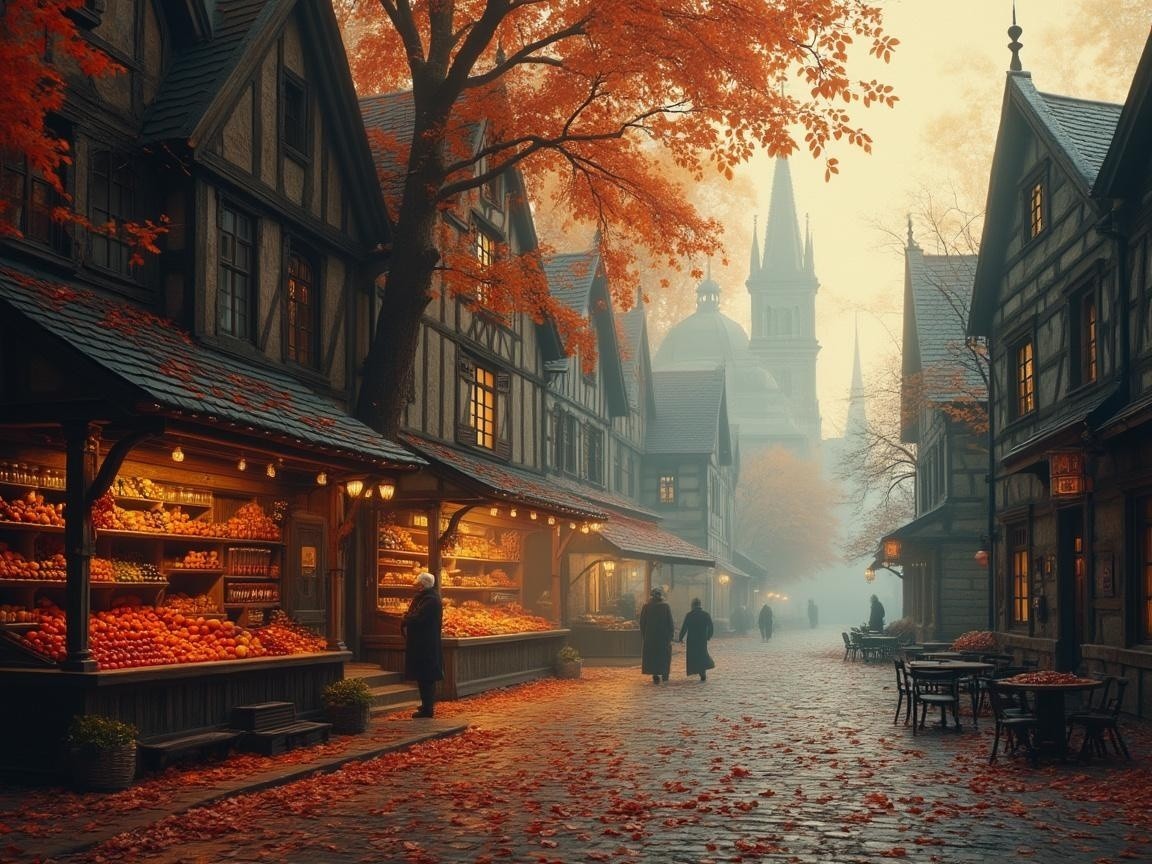 Charming Cobblestone Street with Quaint Shops and Apples