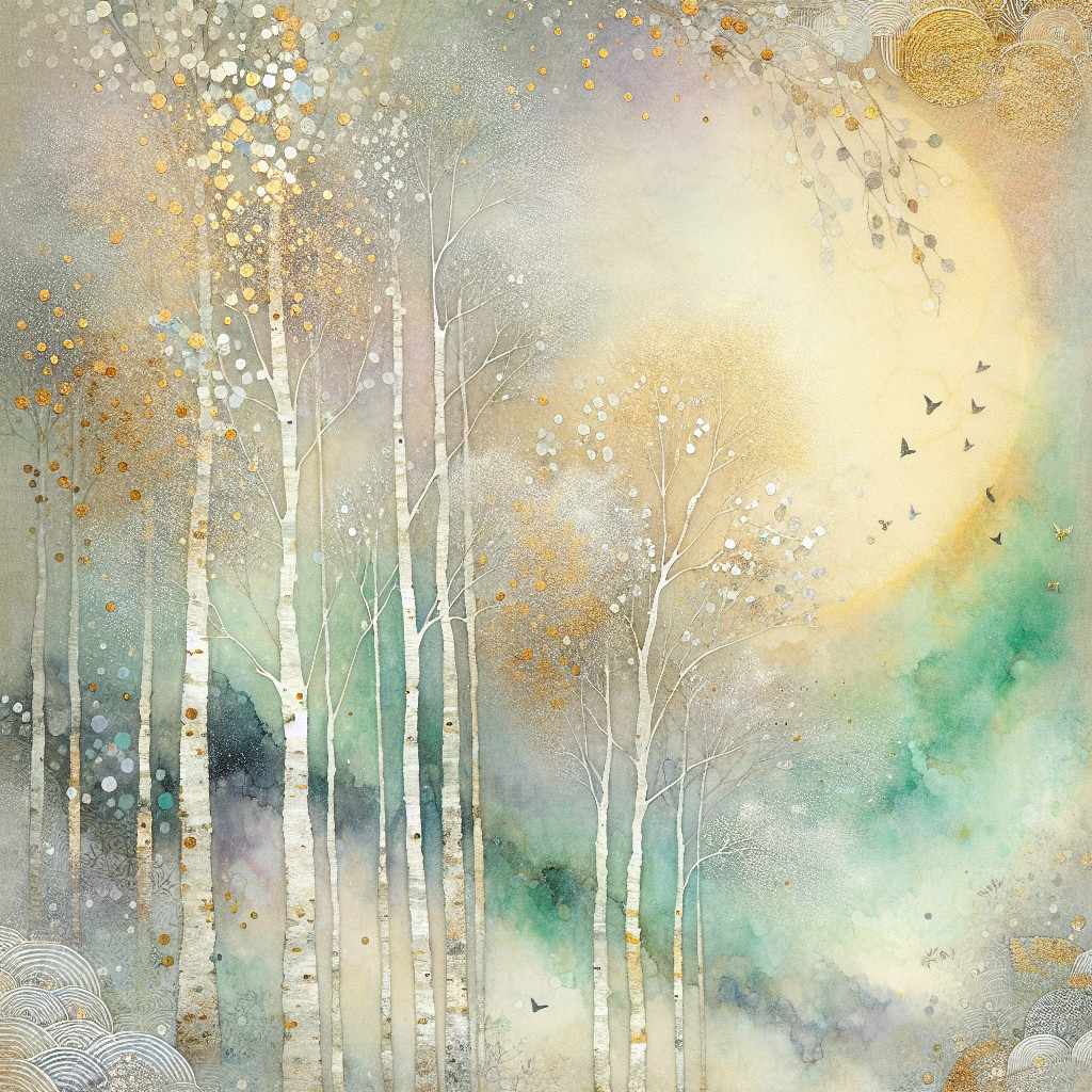 Serene Landscape with Birch Trees and Pastel Sky