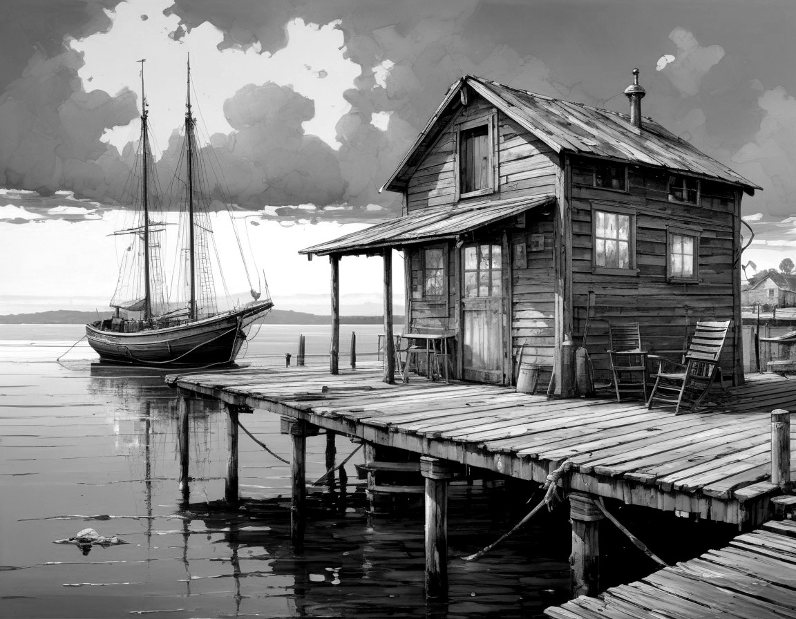Weathered Dock and Rustic Fishing Cabin by Calm Waters
