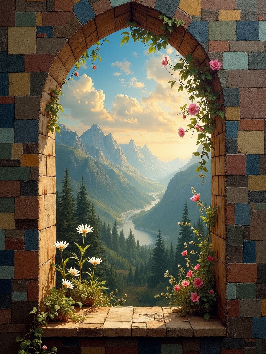 Arched Window View of Mountain Landscape and Wildflowers