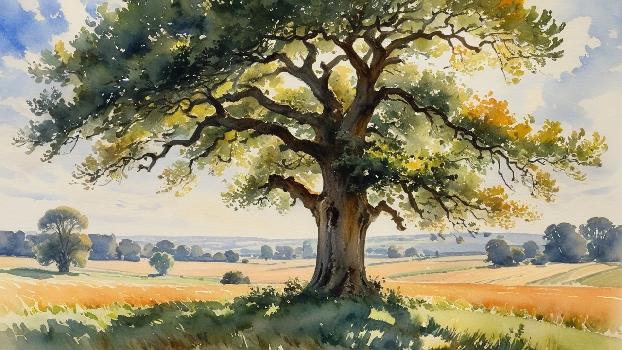 Majestic Tree in Sunlit Countryside Landscape