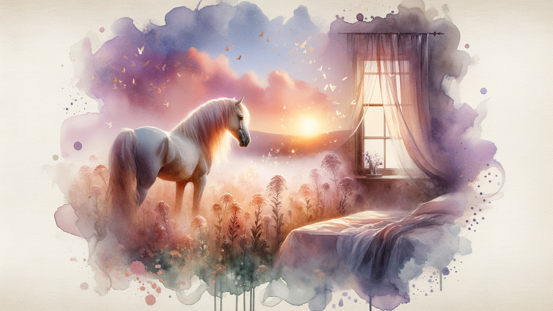 Serene Landscape with White Horse and Cozy Room