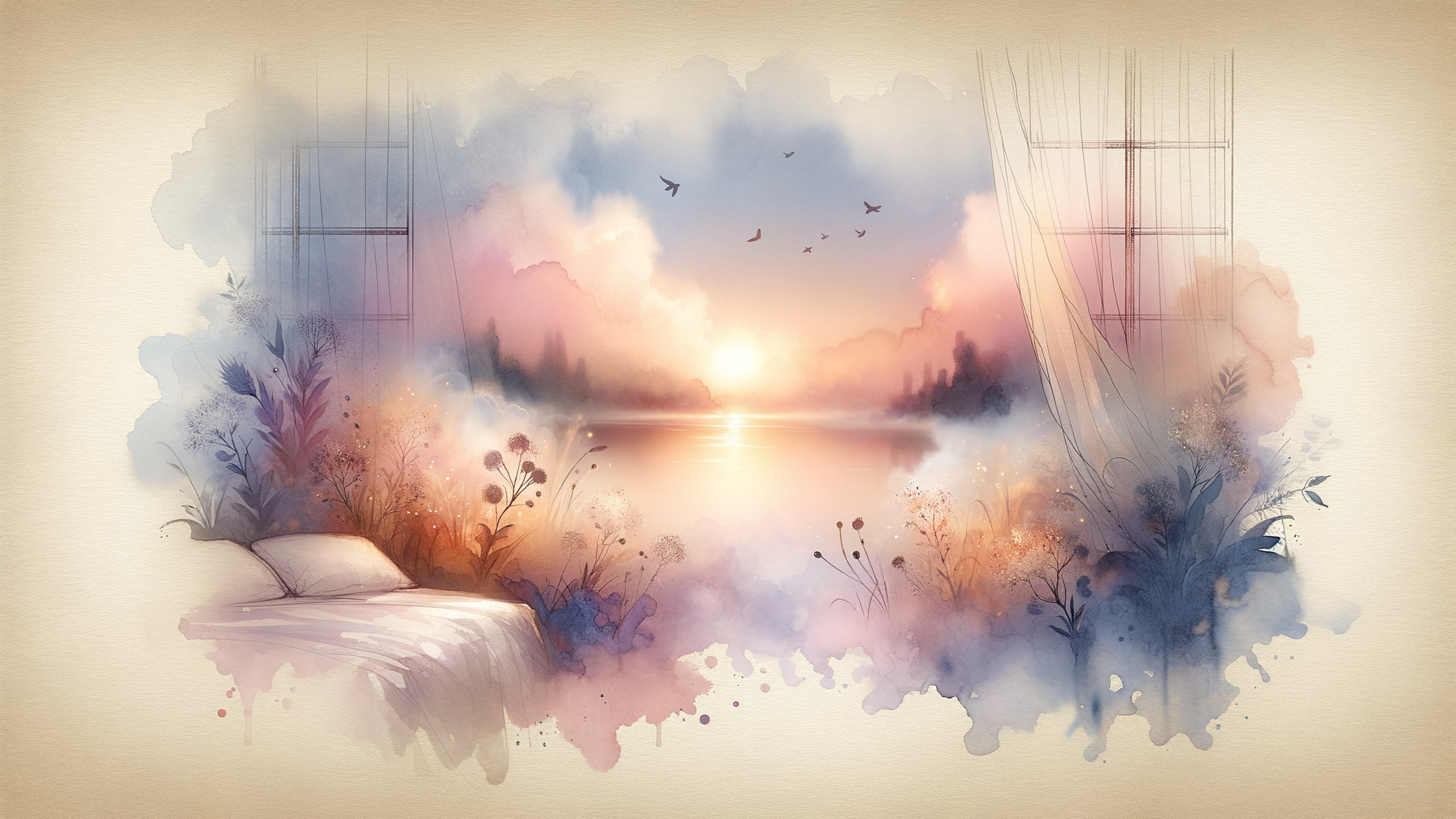 Serene Bedroom with Dreamy Landscape and Sunset View