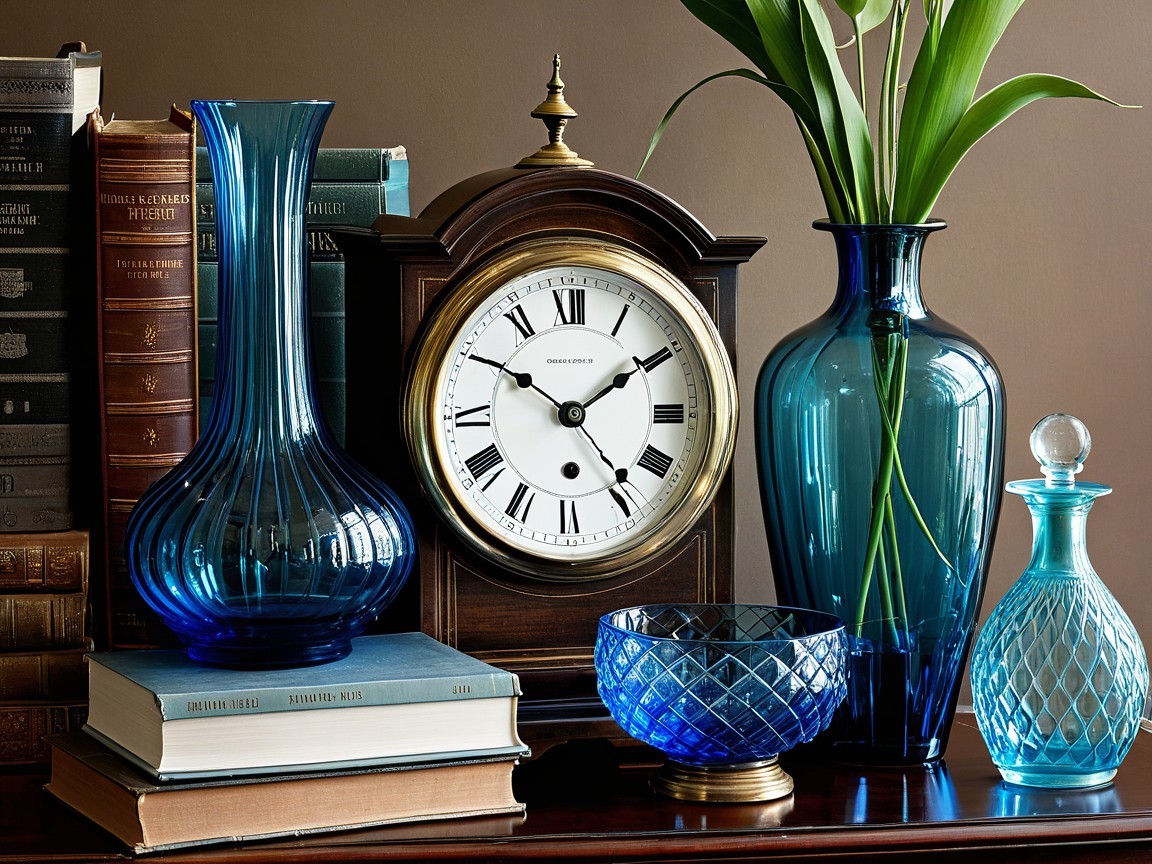 Decorative Display of Blue Glass Vases and Clock