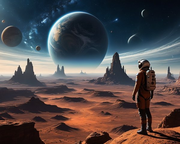 Astronaut on Reddish Landscape Under Stellar Sky