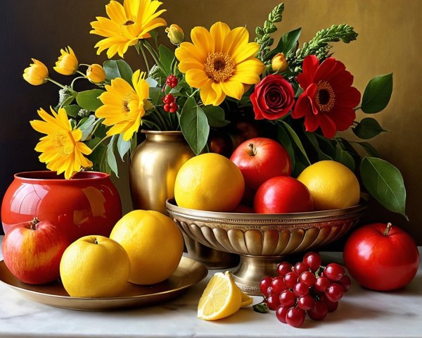 Vibrant Fruit and Flower Arrangement with Bowl and Vase