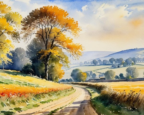 Watercolor Landscape of Autumn Hills and Pathway