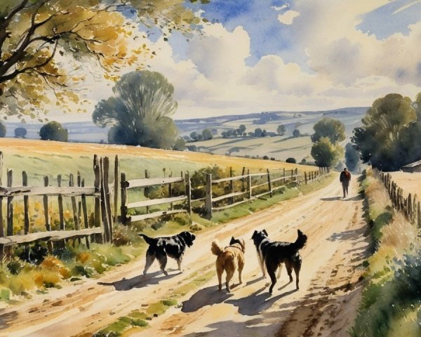 Watercolor Painting of a Serene Countryside Scene