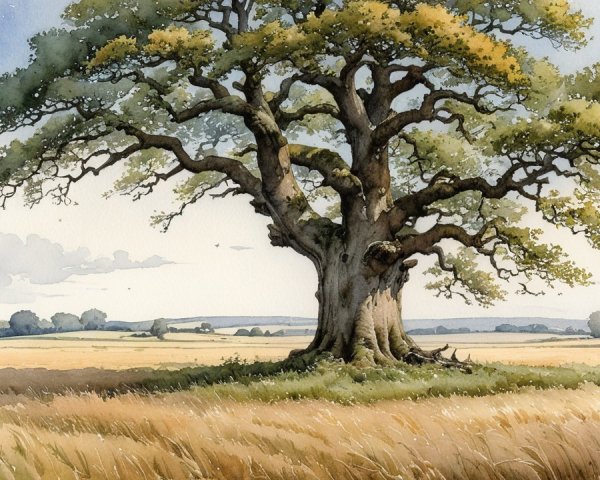 Majestic tree in golden field with serene landscape