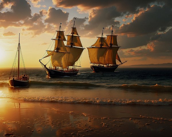 Sunset Over Ocean with Tall Ships and Calm Waters