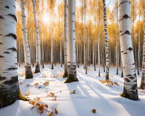 Winter Forest Scene with Birch Trees and Snow