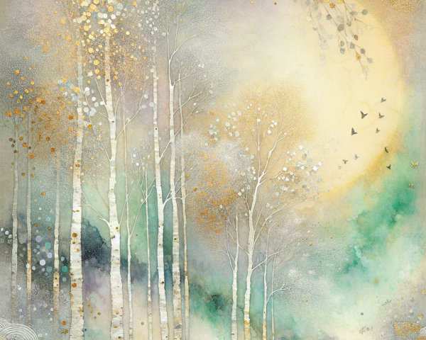 Serene Landscape with Birch Trees and Pastel Sky