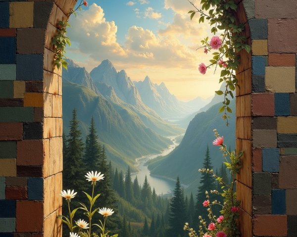 Arched Window View of Mountain Landscape and Wildflowers