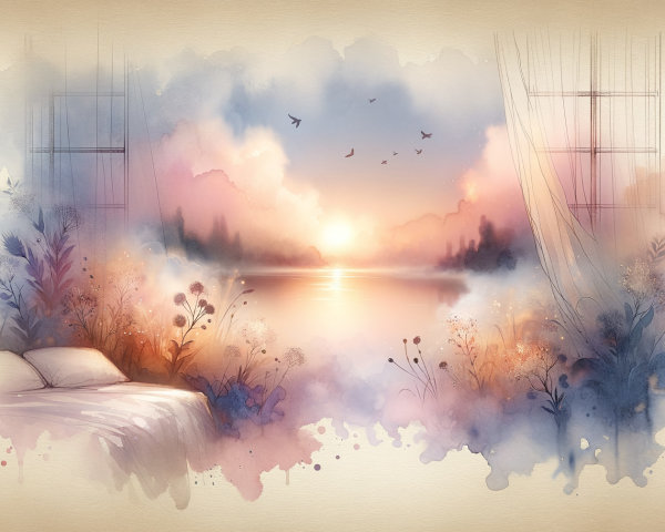 Serene Bedroom with Dreamy Landscape and Sunset View
