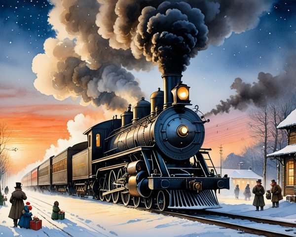 Vintage steam locomotive in snowy sunset landscape
